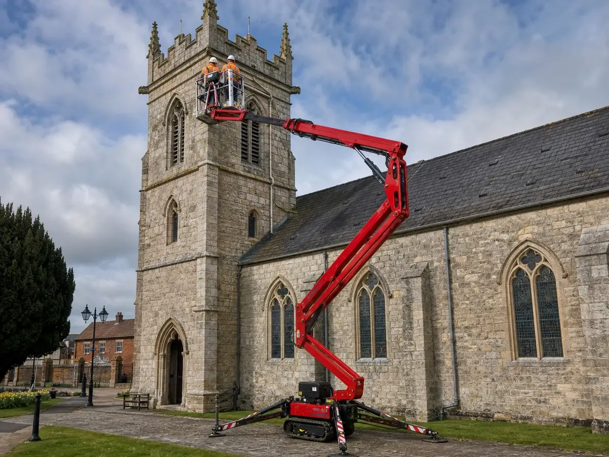 Spider lift providing safe access to the tower and stonework of a heritage church