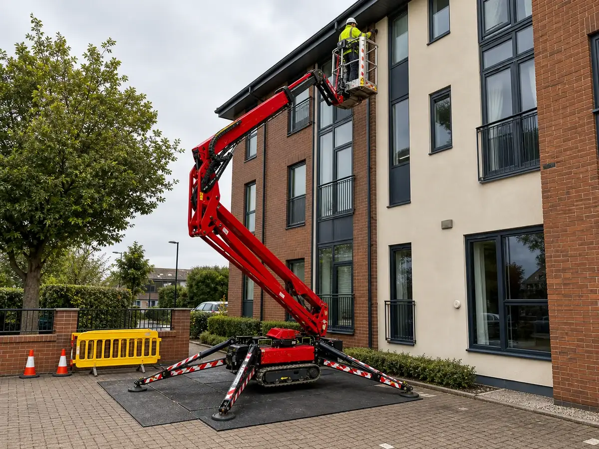 Spider lift reaching the upper floors of a block of flats for facade maintenance